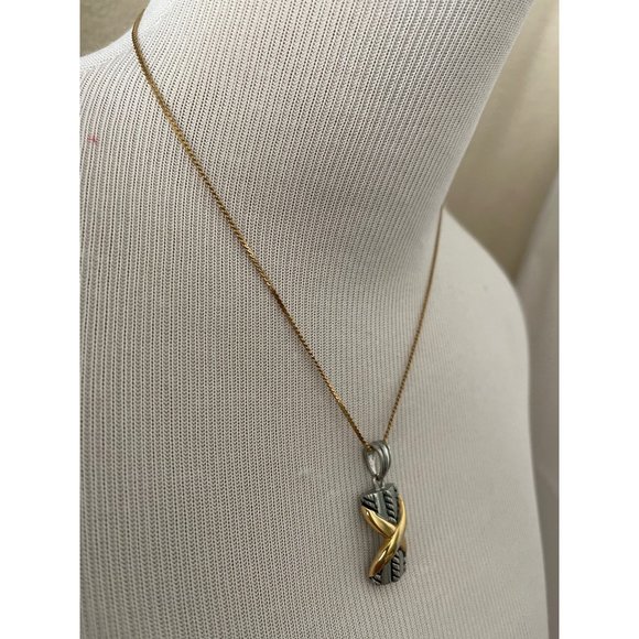 Vintage 2-Tone Criss Cross Pendant on Serpentine Gold Tone Chain Necklace - Picture 3 of 10
